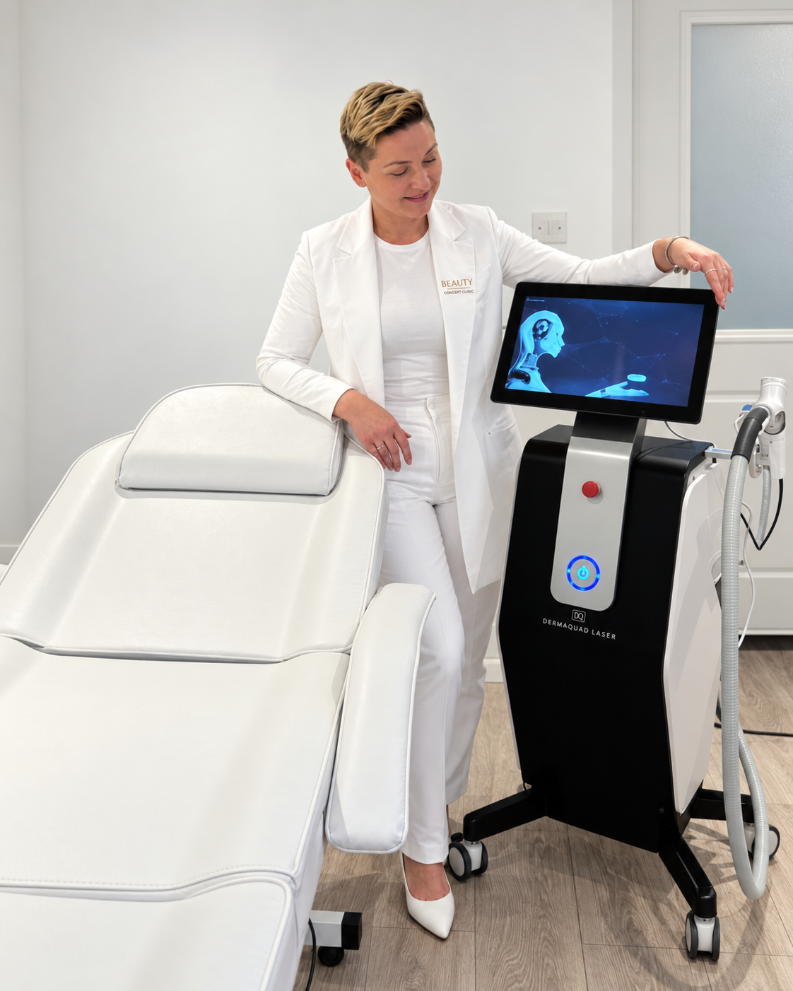 Golden Ratio practitioner beside the Derma Quad laser and treatment chair in the studio